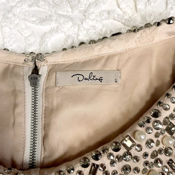 Darling jeweled collar dress tan damask retro style pockets - size large - Picture 11 of 11